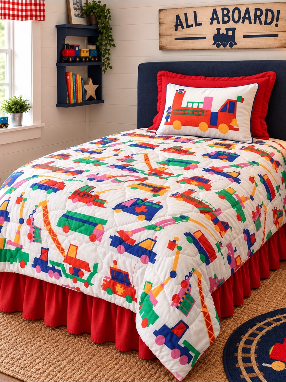 New kids dreams transportation twin comforter, red bed skirt, pillow sham